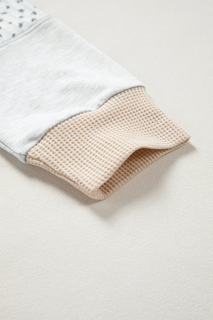 Light Grey Mixed Print Raglan Sleeve Patchwork Exposed Seam Pullover Top