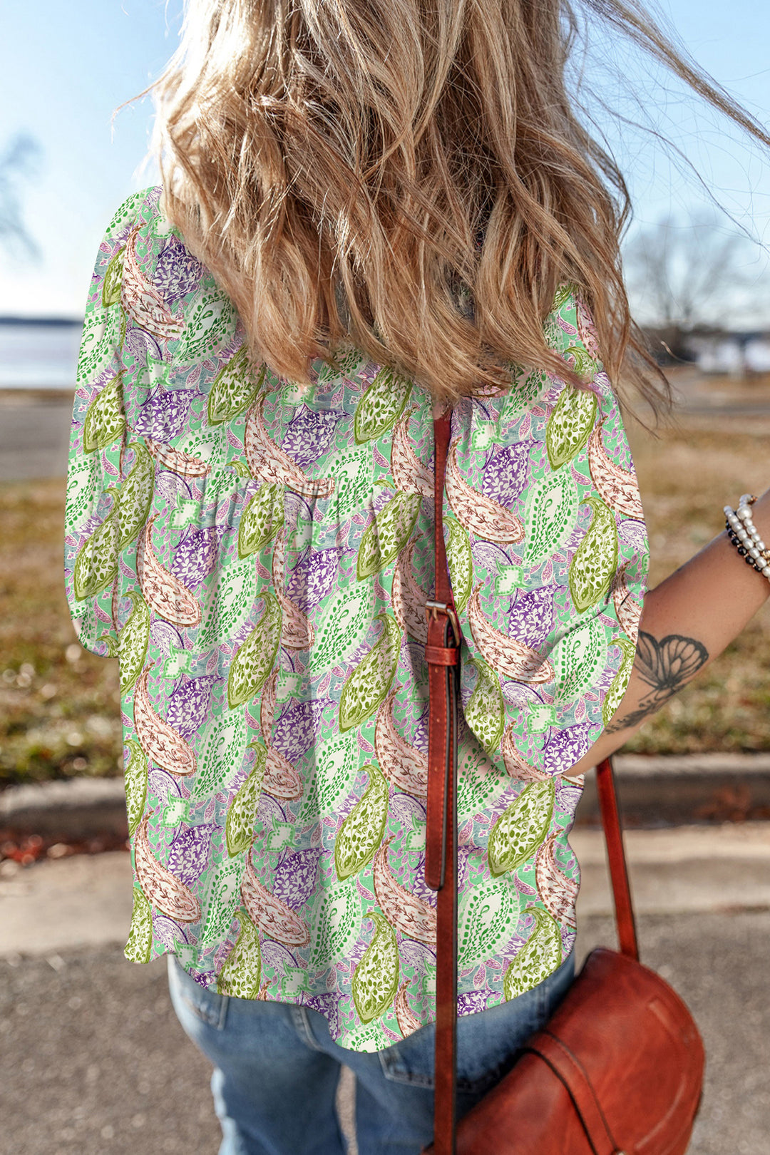 Green Boho Paisley Print Half Puff Sleeve Blouse