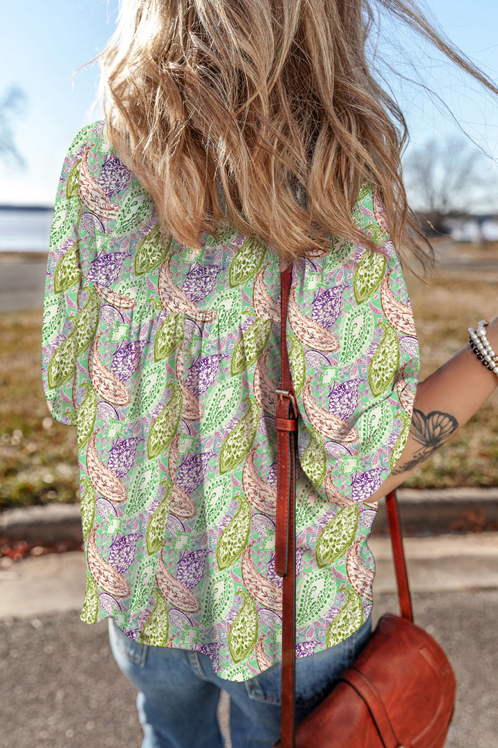 Green Boho Paisley Print Half Puff Sleeve Blouse