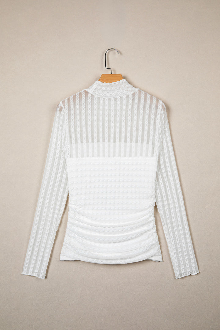 Beige Textured Sheer Lace High Neck Long Sleeve Top