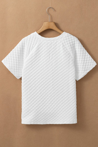 White Solid Color Textured Split Neck Short Sleeve Top