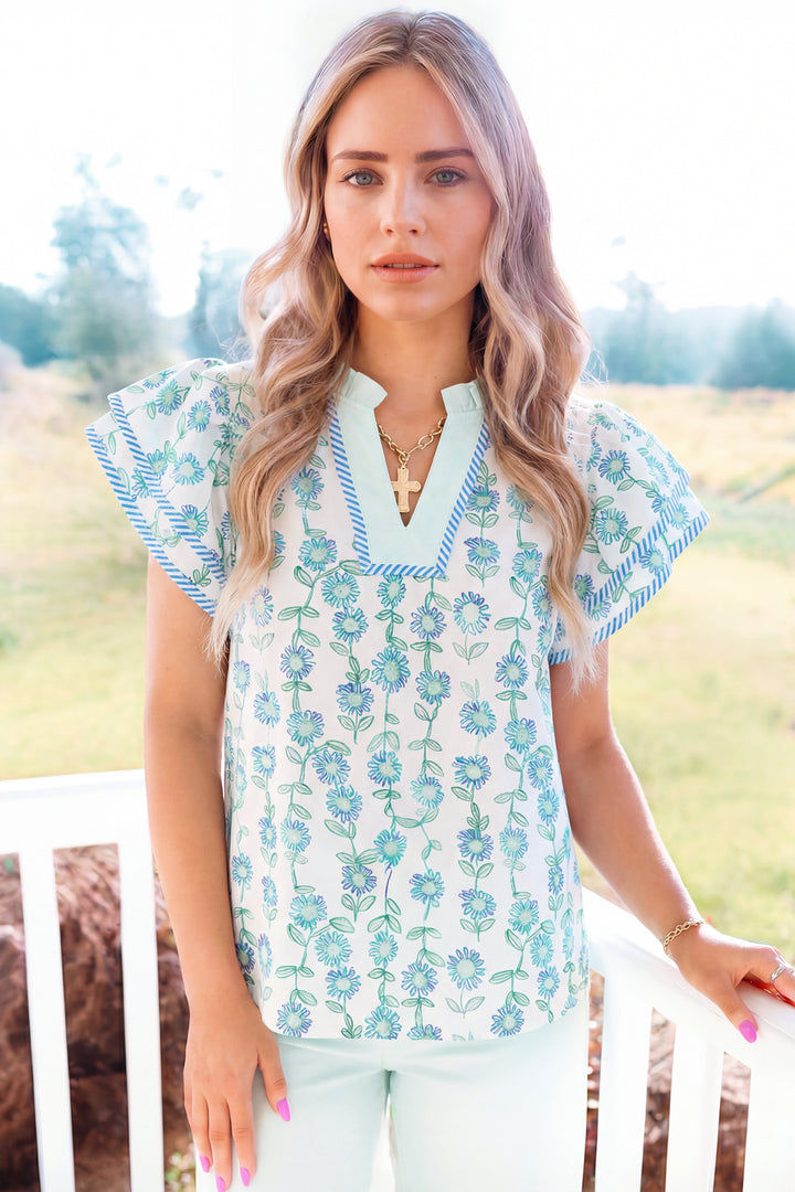 Green Floral Print Striped Detail Contrast V Neck Patchwork Flutter Sleeve Blouse