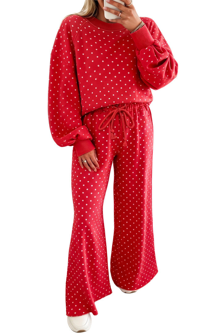 Red Polka Dot Drawstring Wide Leg Long Sleeve Top Pant Set