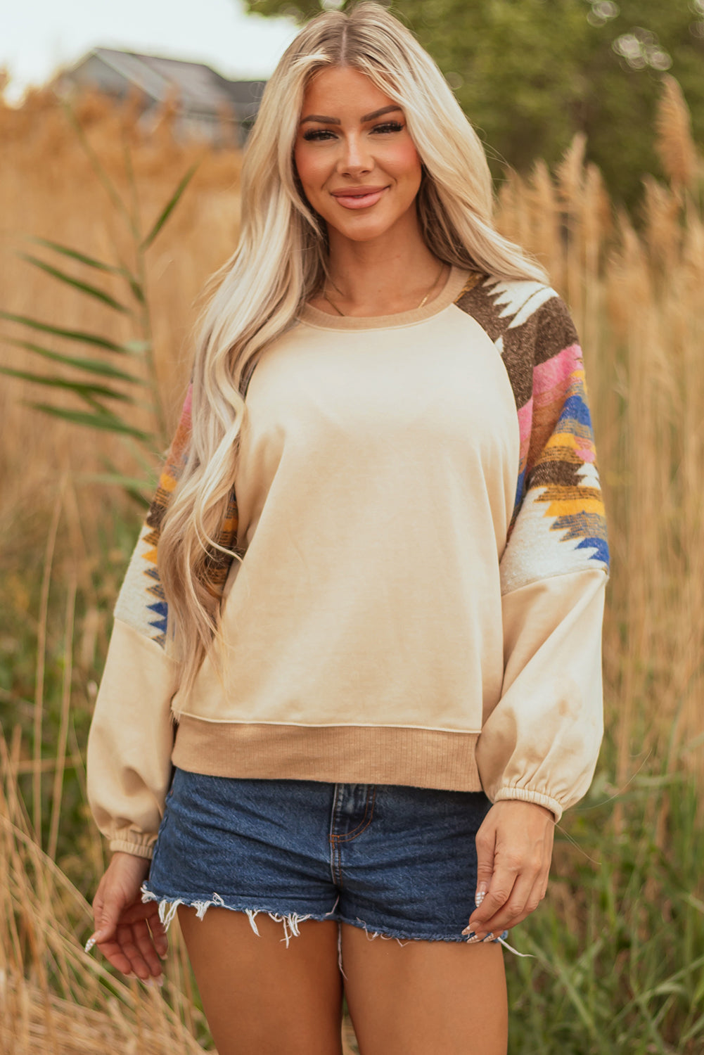 Logan Aztec Patchwork Raglan Pullover Sweatshirt