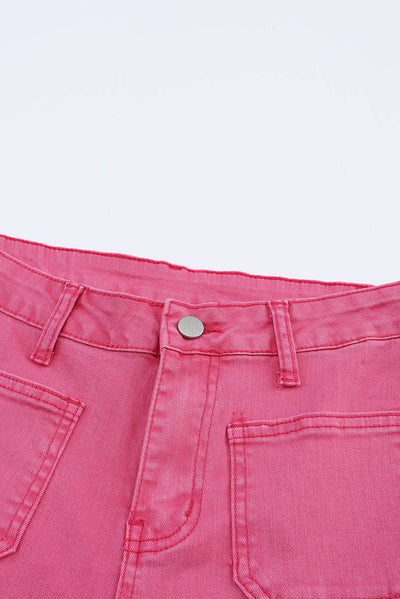 Pink Ankle-length Flare Leg Raw Hem Jeans