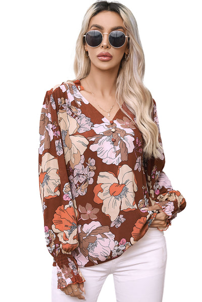 Brown Frilled V Neck Bubble Sleeve Floral Blouse