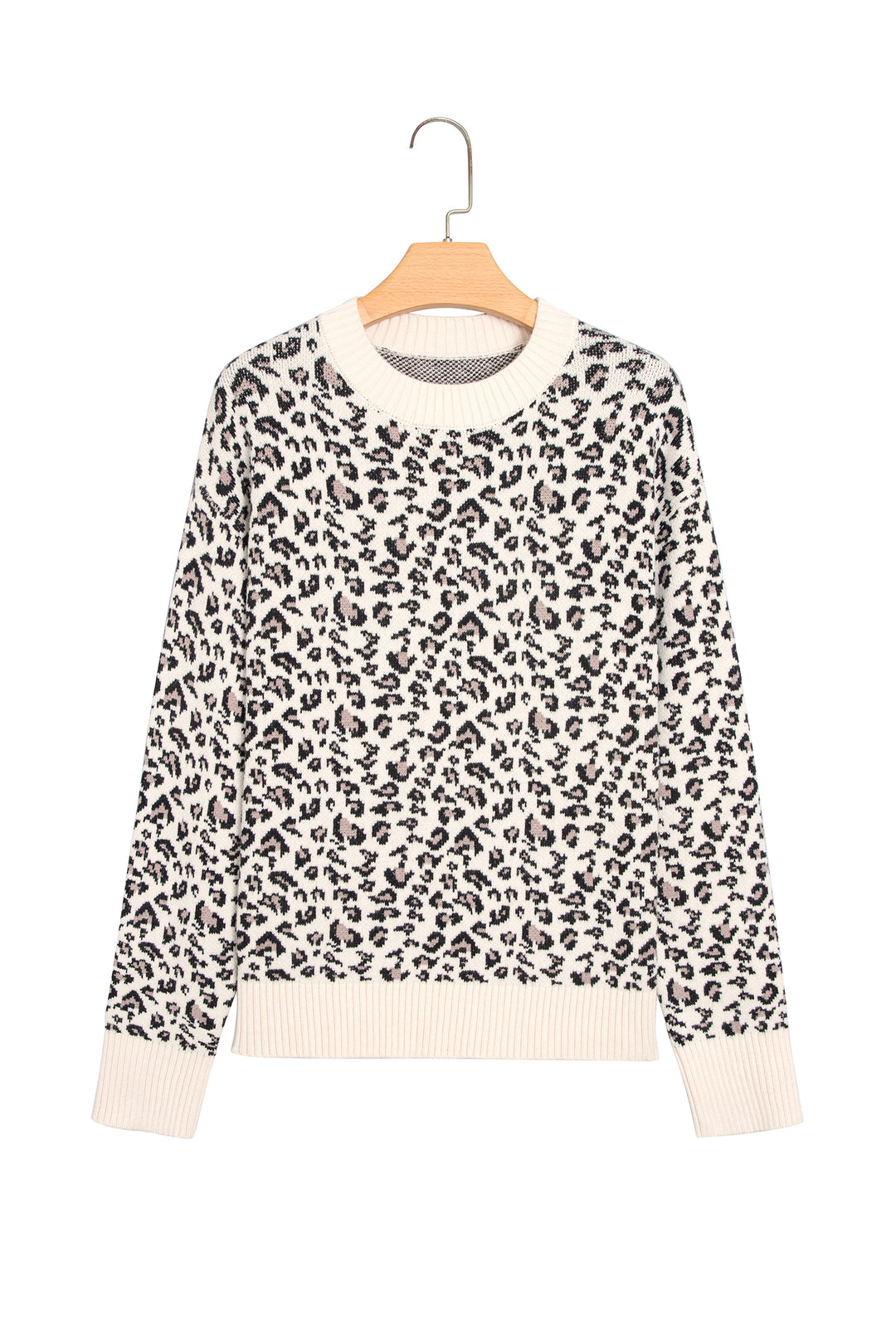 Beige Leopard Print Ribbed Color Block Trim Pullover Sweater