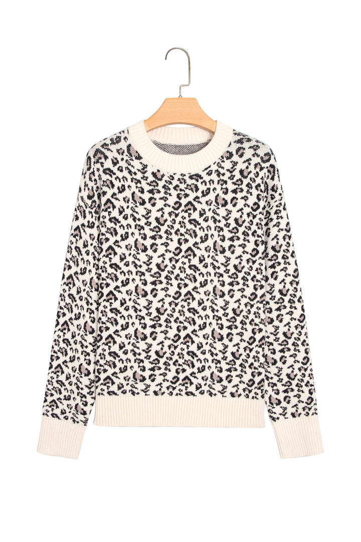 Beige Leopard Print Ribbed Color Block Trim Pullover Sweater