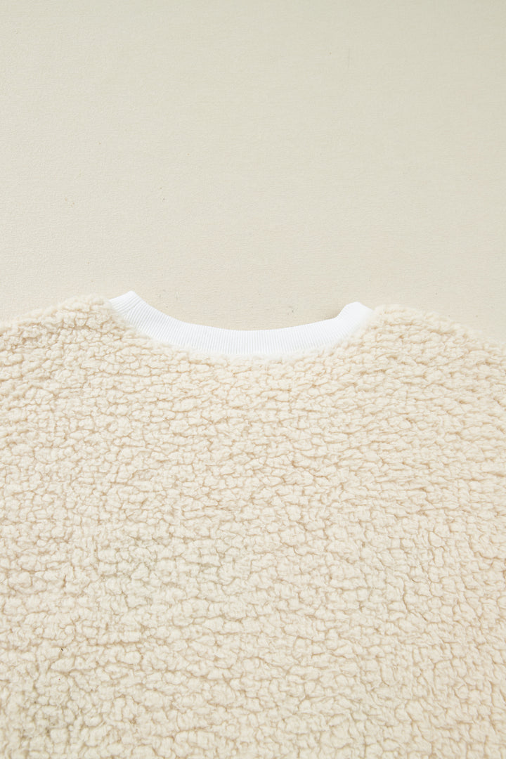 White MERRY CHRISTMAS Multicolor Embroidered Sherpa Pullover Sweatshirt