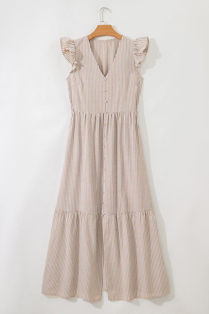 Khaki Stripe Flutter Sleeve Buttoned Front Slit Maxi Dress