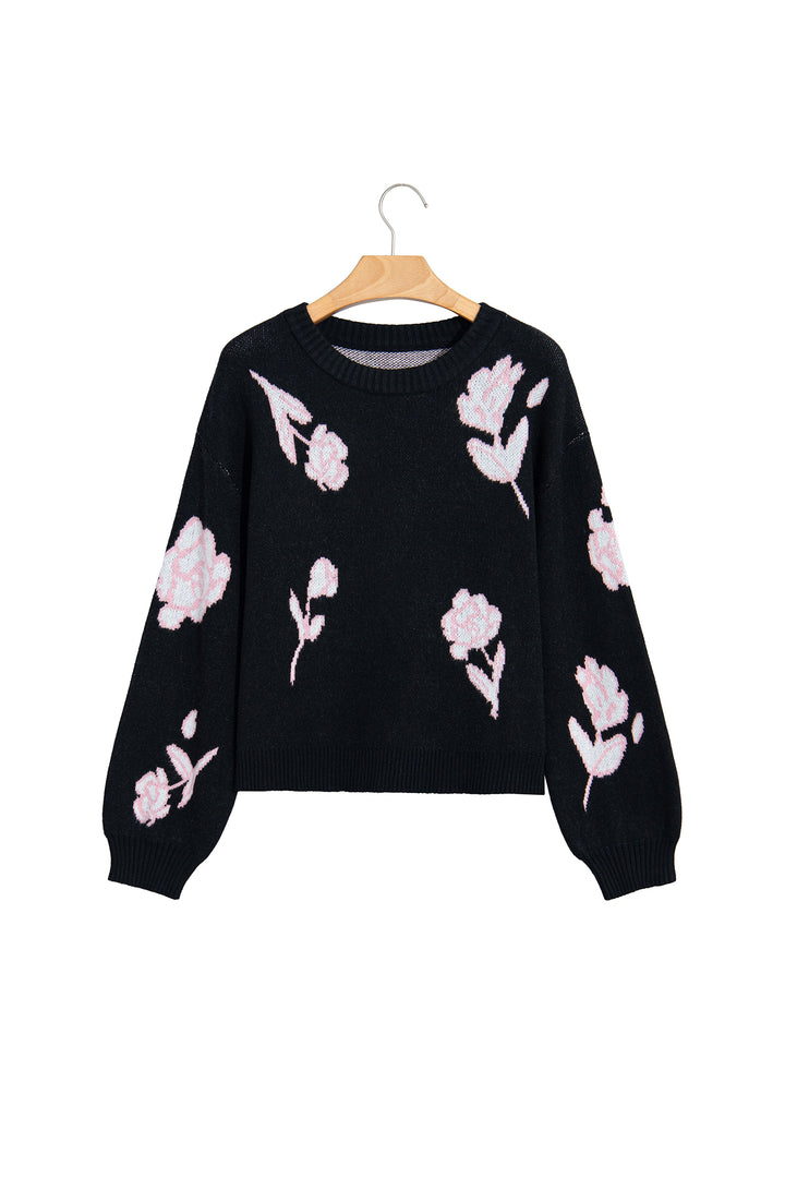 Black Floral Pattern Puff Sleeve Dropped Shoulder Pullover Sweater