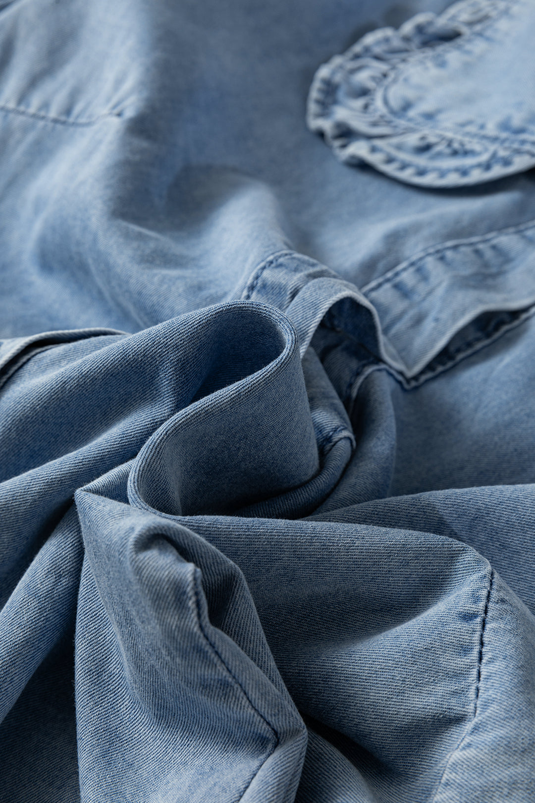 Beau Blue Ruffled Peter Pan Collar Western Denim Shirt