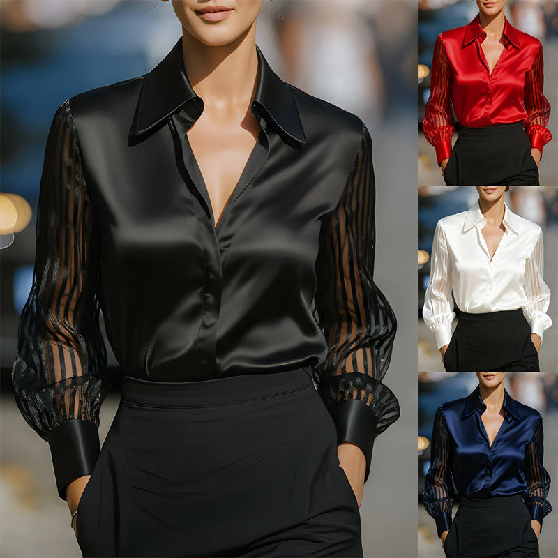 Women’s Satin Lapel Collar Blouse – Sheer Long Sleeve Button-Down Shirt for Office &amp; Spring/Autumn Wear
