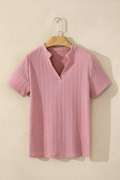 Pink Twisted Textured V Neck Short Sleeve Top