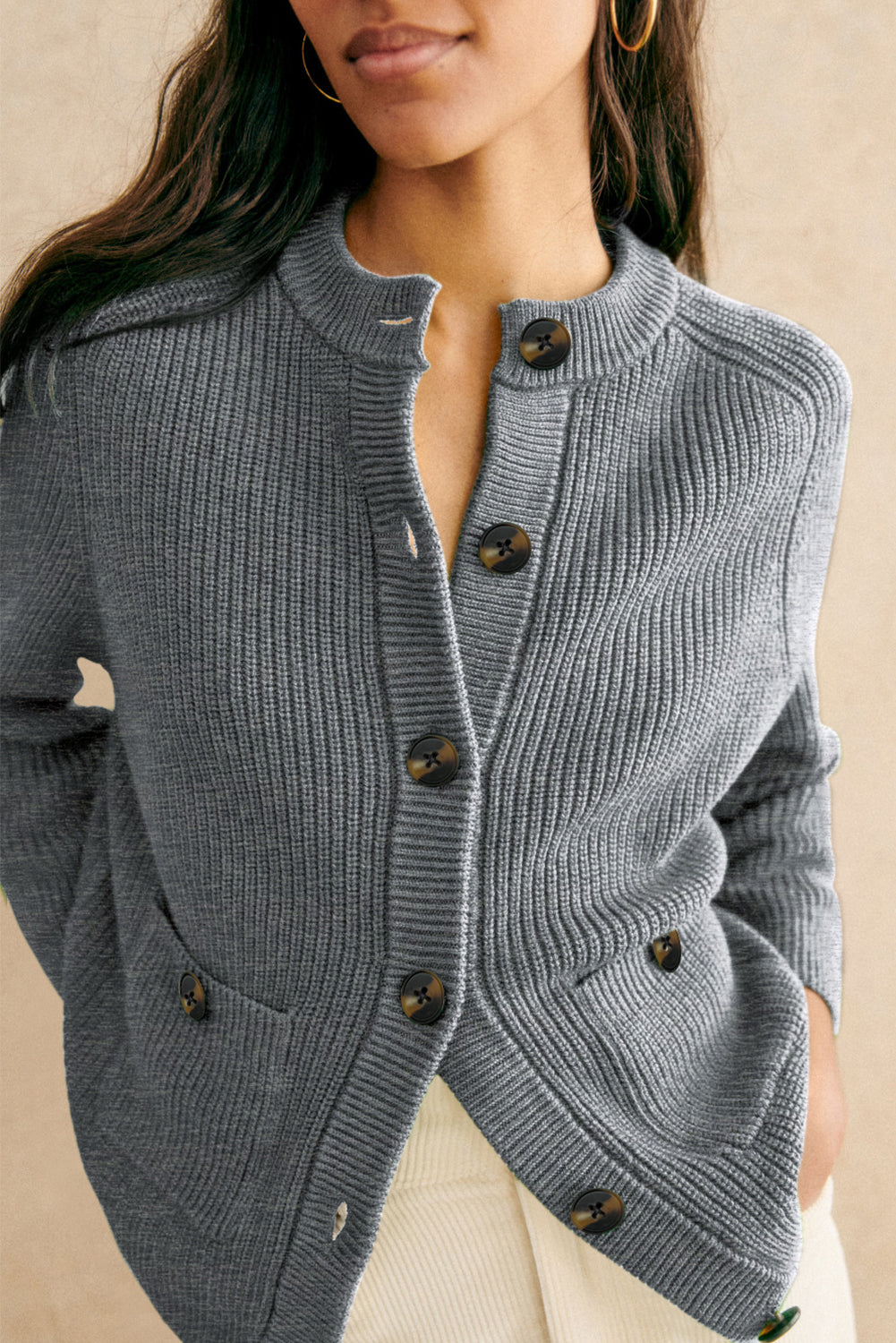 Medium Grey Chunky Buttoned Front Round Neck Cardigan Sweater