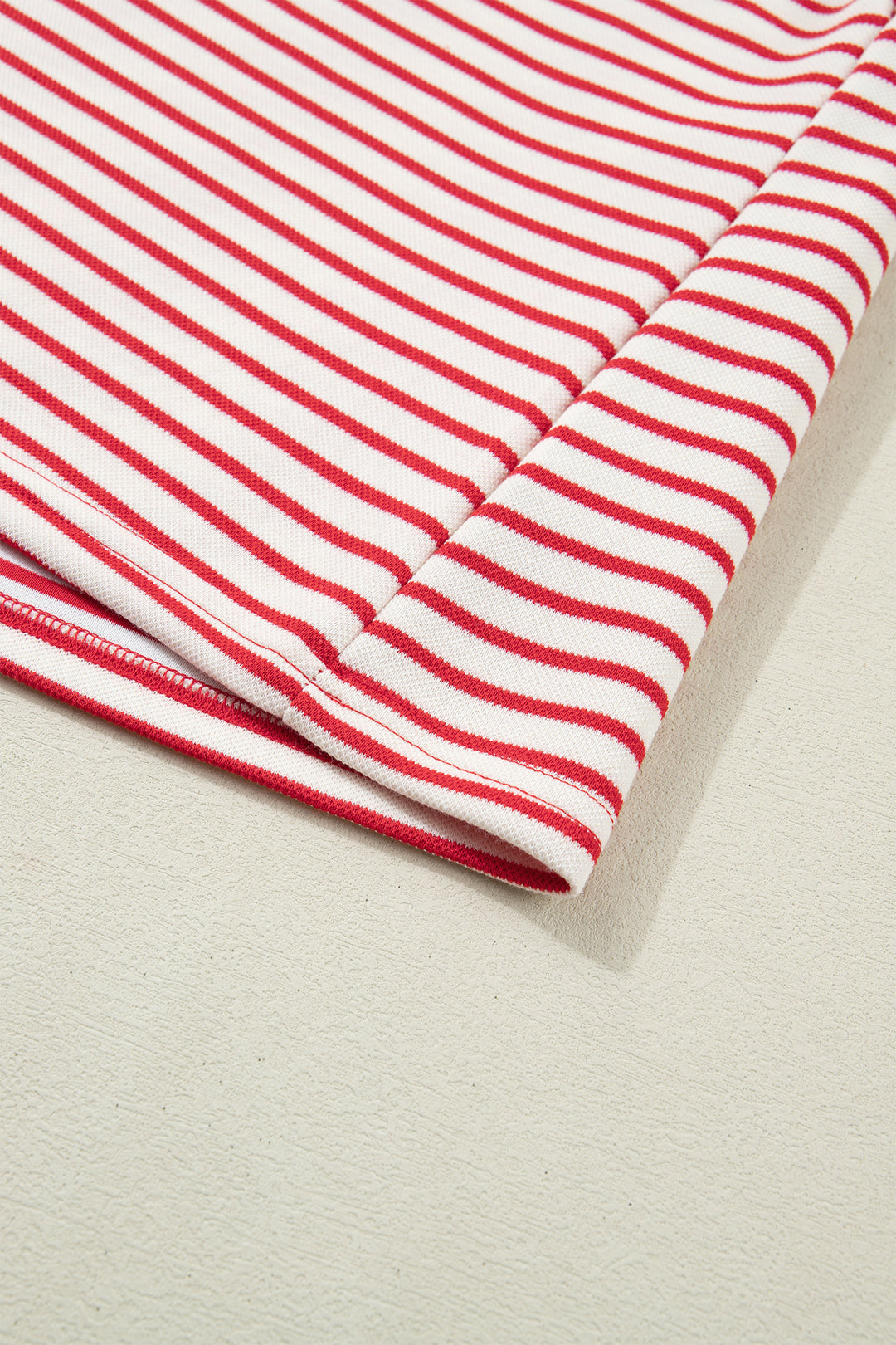 Red Stripe Quarter Zip Polo Collar T Shirt Dress with Pockets