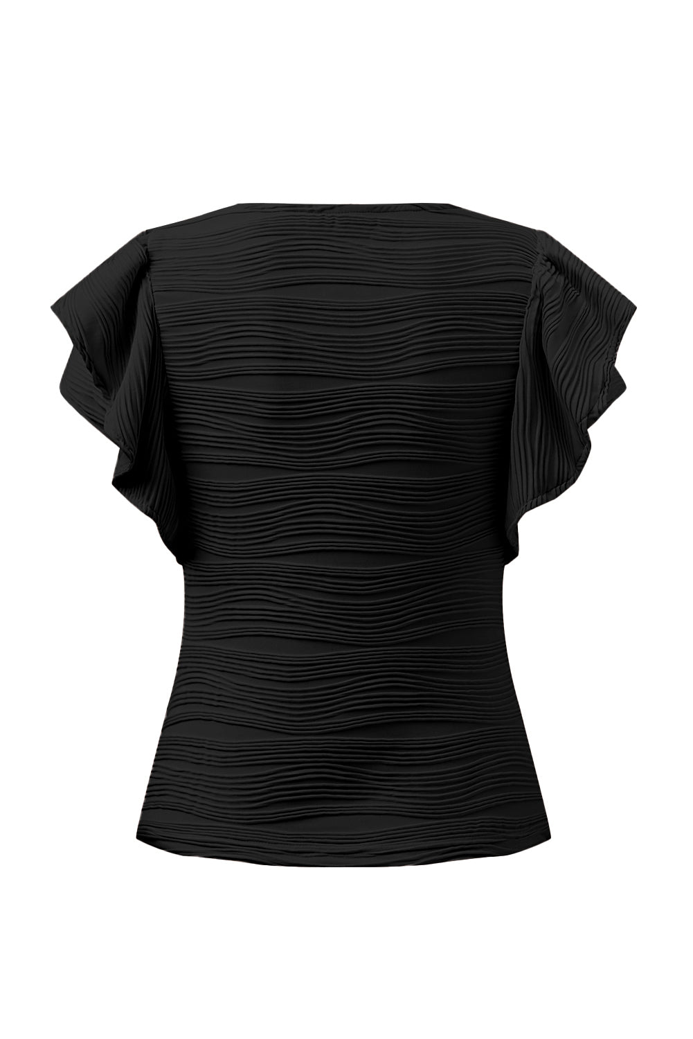 Black Wavy Textured Ruffle Sleeve Top