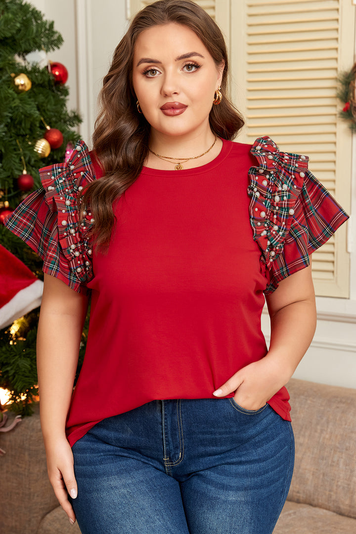 Racing Red Plaid Pearl Ruffled Short Sleeve Knitted Christmas Holiday Plus Size T-shirt