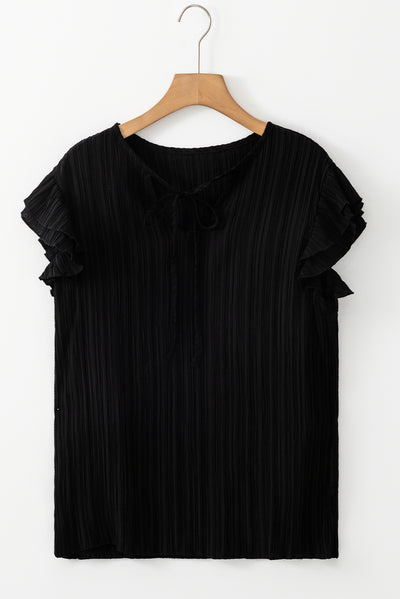 Black Textured Ruffled Sleeve V Neck Top