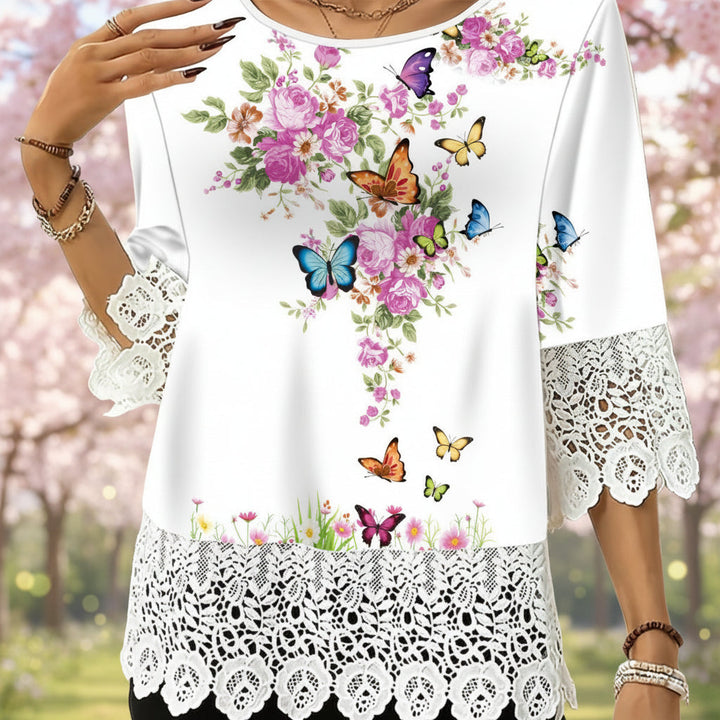 Printed Patchwork Three-Quarter Sleeve Top – Women&