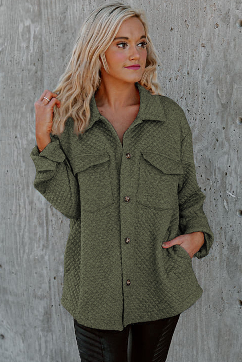 Khaki Retro Quilted Flap Pocket Button Shacket