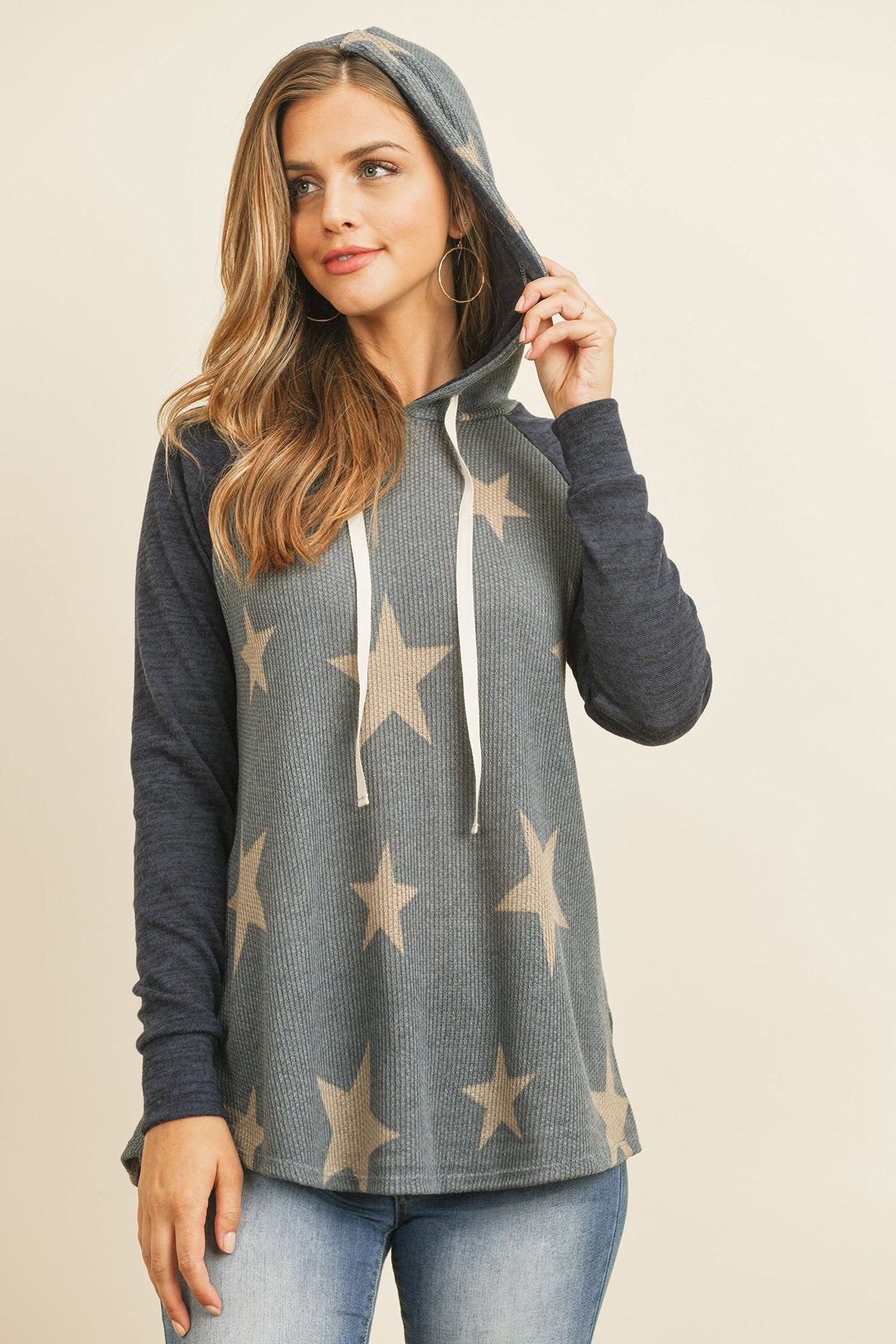 Brushed Hacci Sleeve Rib Detail Star Print Hoodie With Drawstring