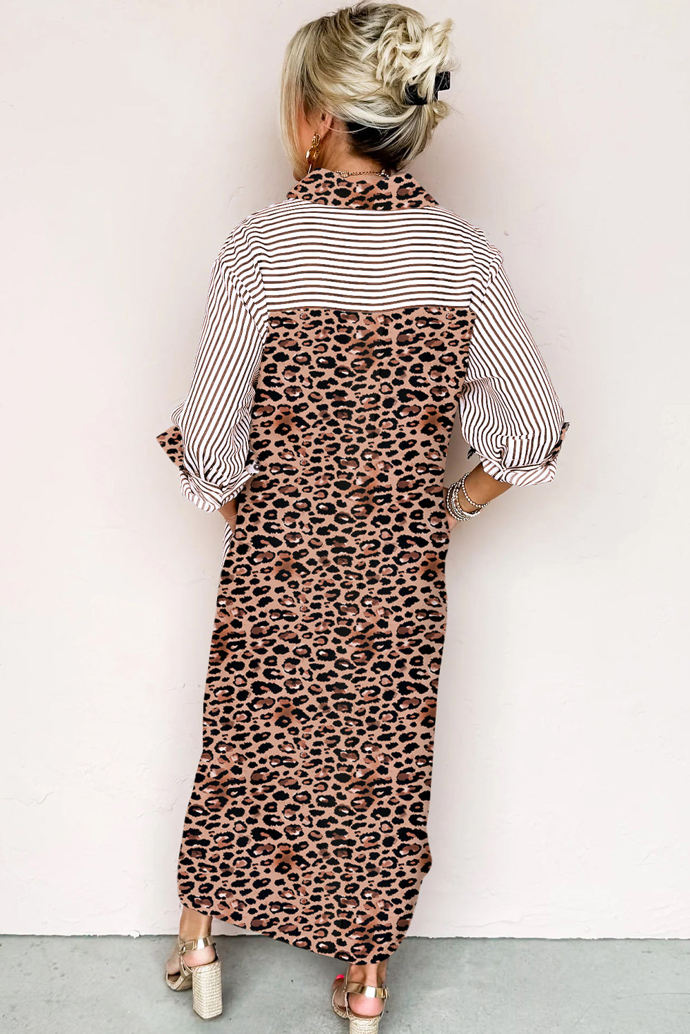 Brown Stripe Contrast Leopard Patchwork Long Shirt Dress with Slits
