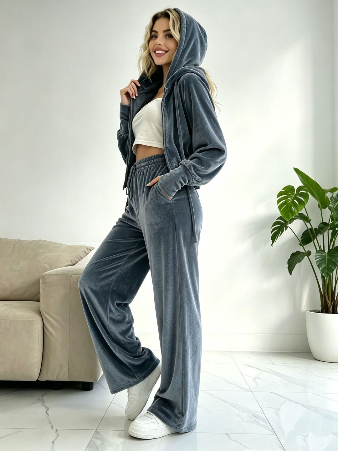 Velour Zip-Up Hoodie &amp; Wide-Leg Trouser Set