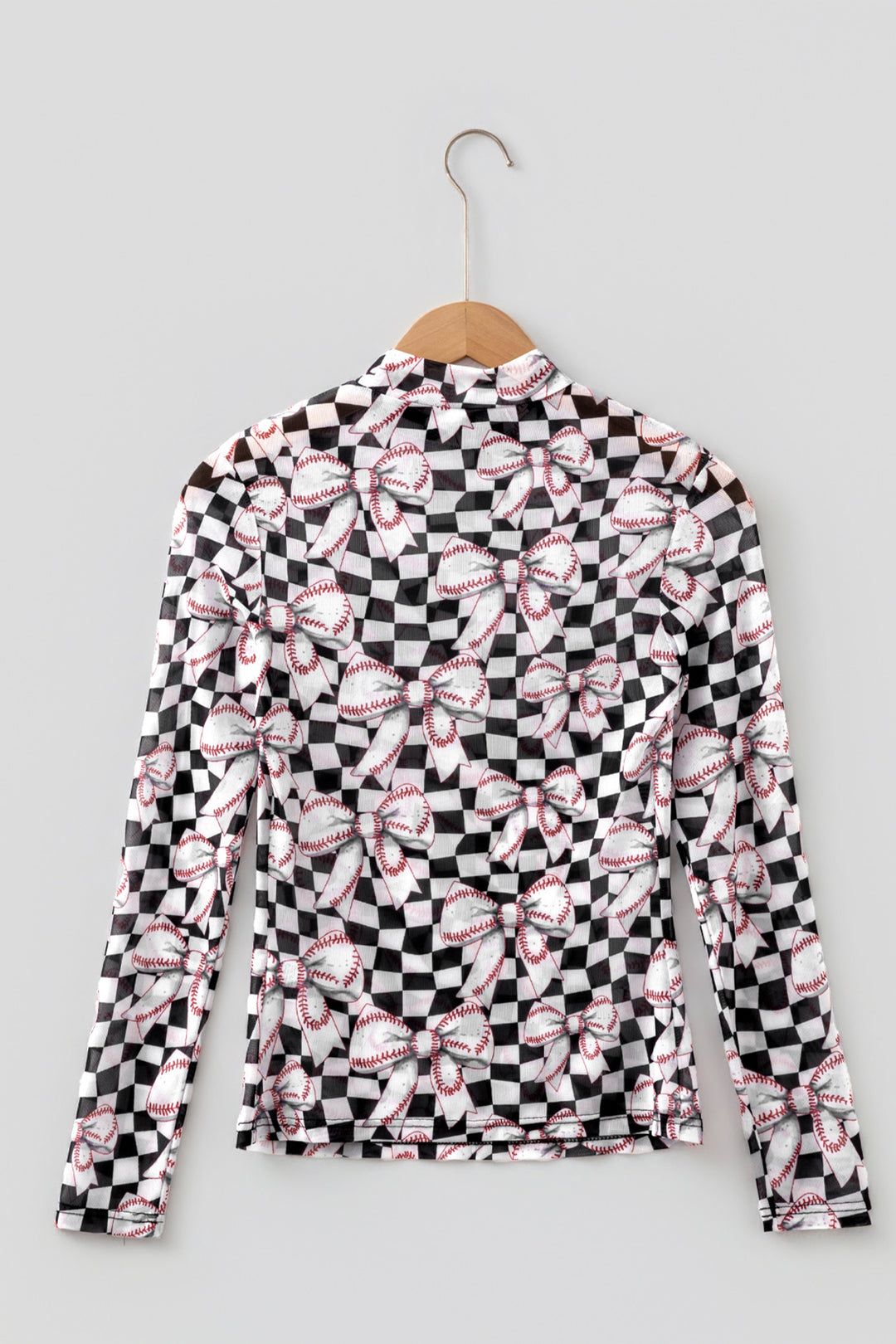 Black High Neck Plaid Baseball Bow Long Sleeve Mesh Top