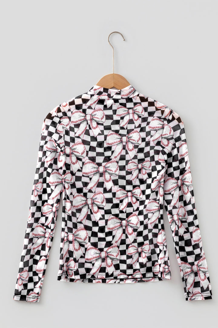 Black High Neck Plaid Baseball Bow Long Sleeve Mesh Top