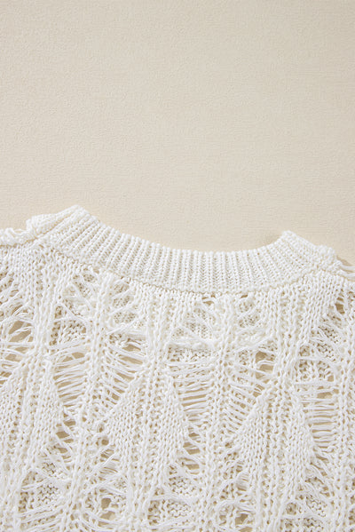 White Cut Out Crochet Crew Neck Loose Fit Sweater