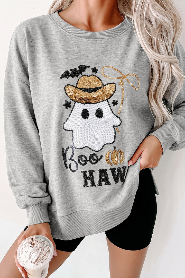 Medium Grey Sequin Western Ghost Print Long Sleeve Round Neck Sweatshirt