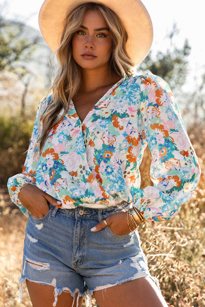 Sky Blue Floral Print Wrap Long Sleeve Bodysuit