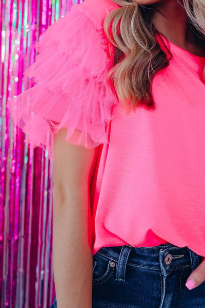 Pink Tulle Ruffle Sleeve Blouse