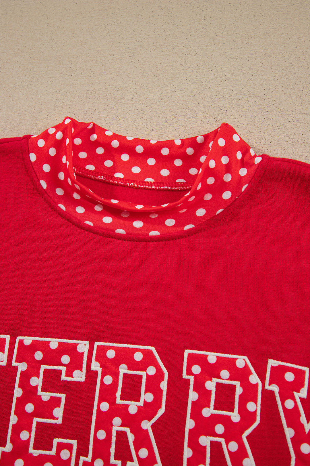 Fiery Red Polka Dot Letter Print Contrast Trim Mock Neck Sweatshirt