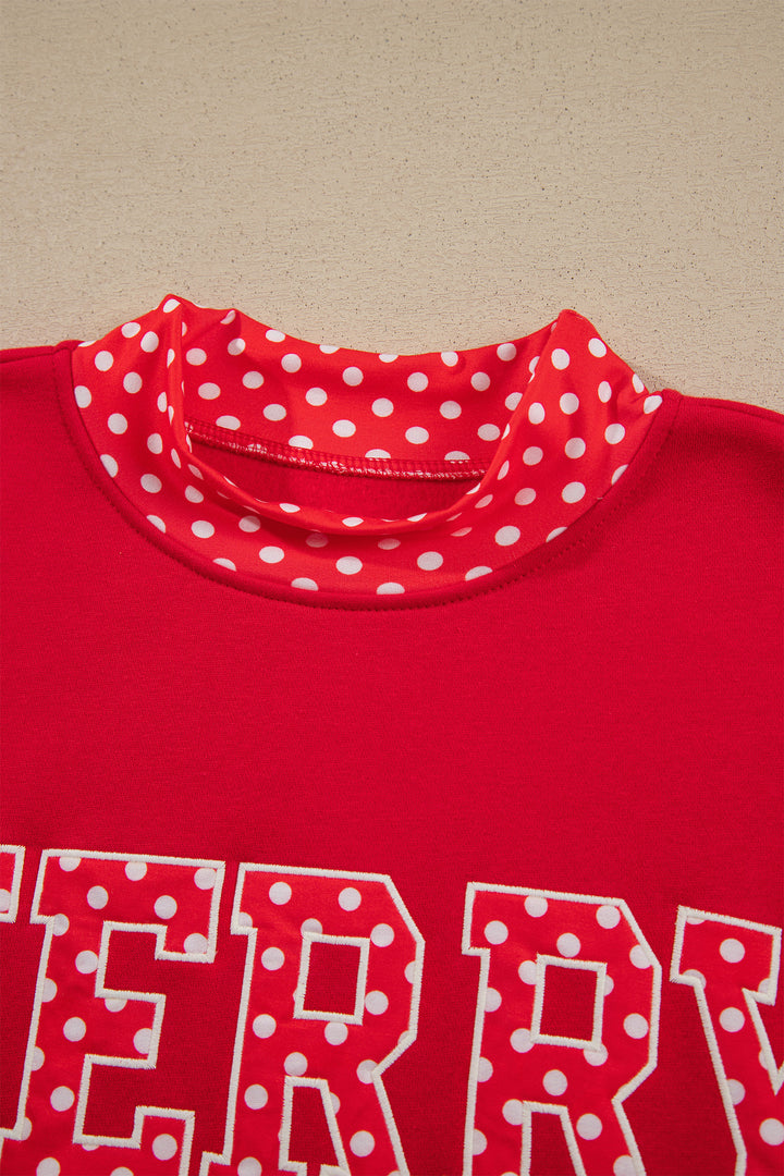 Fiery Red Polka Dot Letter Print Contrast Trim Mock Neck Sweatshirt