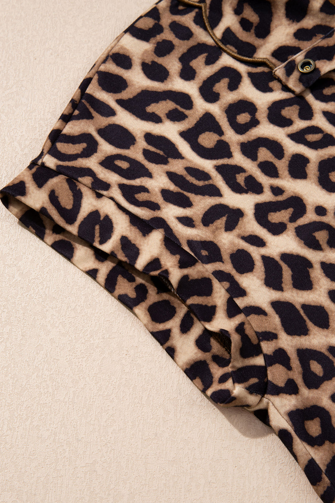 Khaki Buttoned Collar Short Sleeve Shift Leopard Dress with Pockets