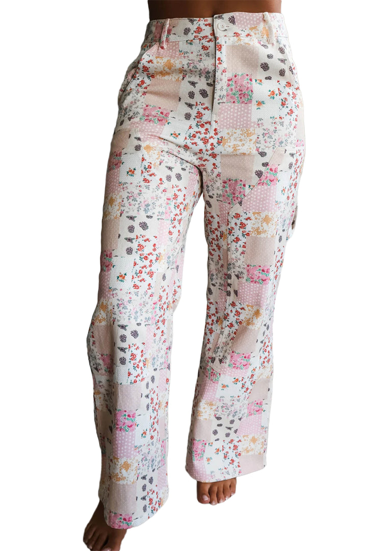 Pink Floral Patchwork Wide Leg Full Length Jeans