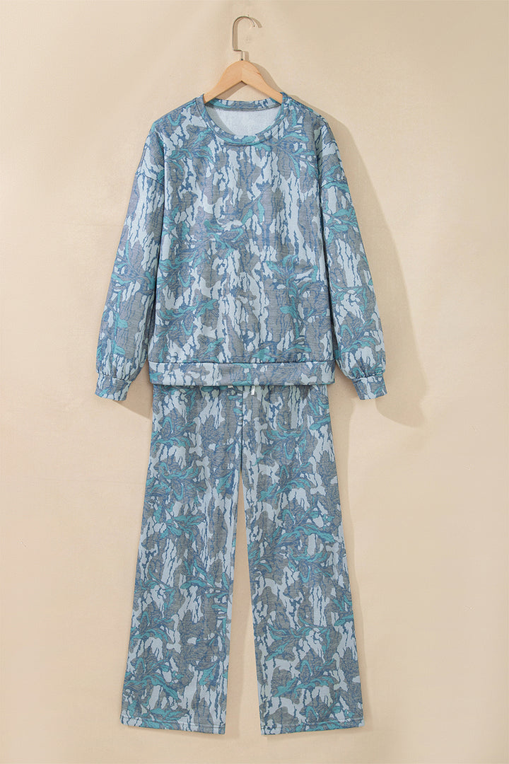 Multicolour Abstract Floral Print Loose Pullover Drawstring Pants 2pcs Set