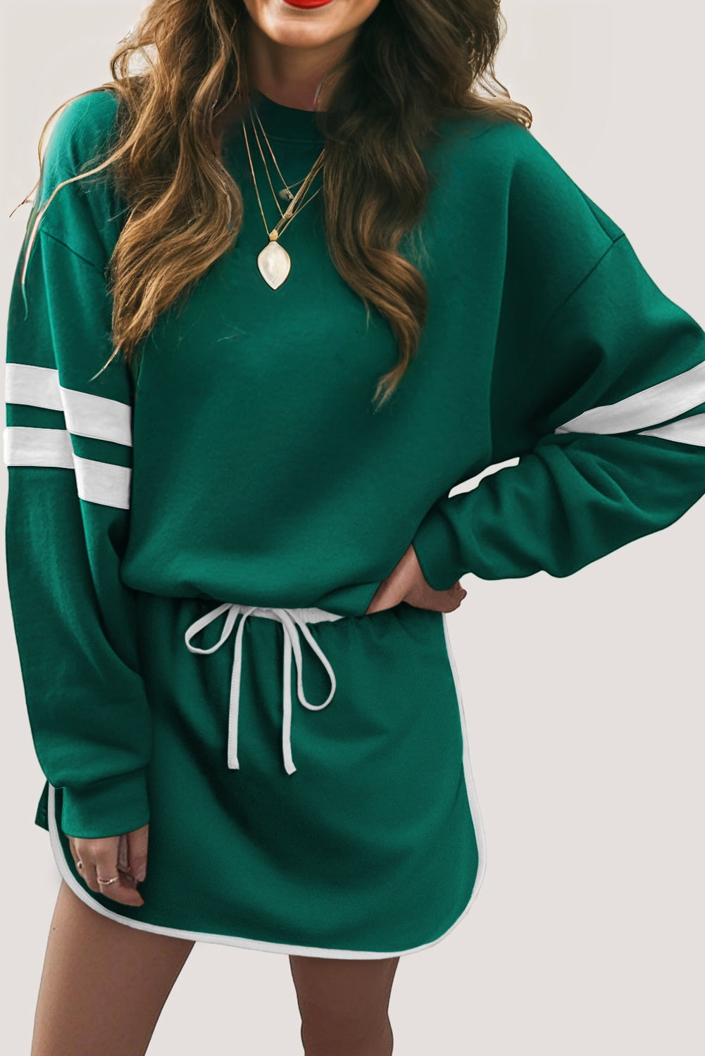 Orange Varsity Stripe Detail Drop Shoulder Pullover Mini Skirt Set
