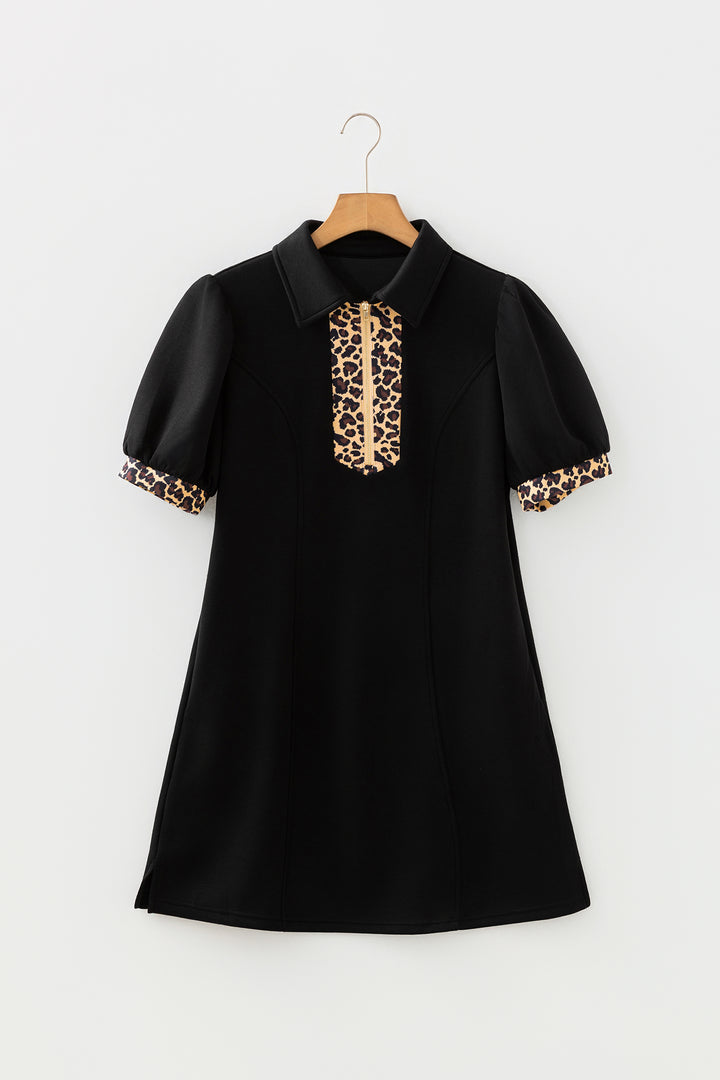 Black Leopard Patchwork Zip Collared Short Puff Sleeve Shift Mini Dress