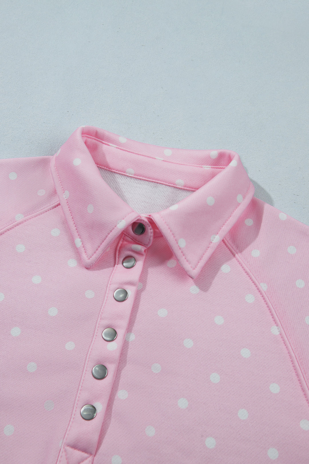 Pink Polka Dot Print Metal Button Collar Casual Pullover Sweatshirt