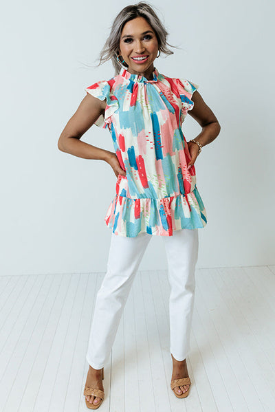 Pink Color Block Ruffled Mock Neck Ruffled Top