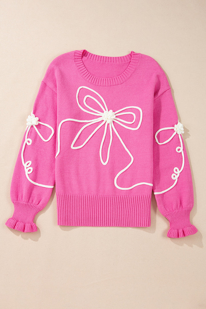 Corded Flower Bow Ribbed Trim Casual Sweater