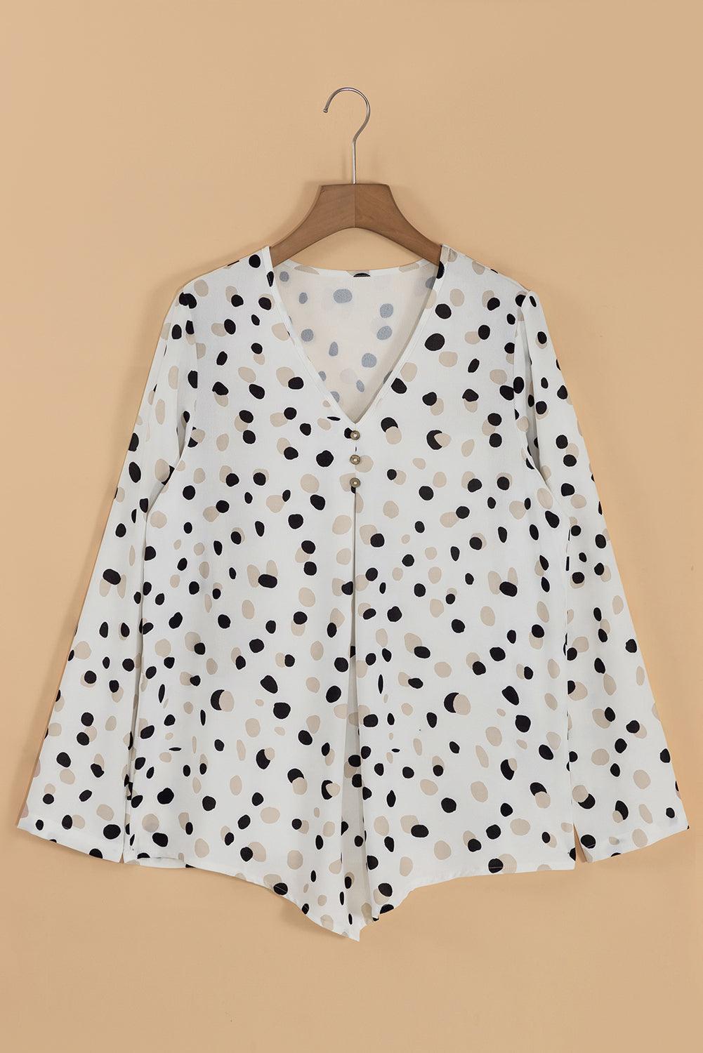 White Polka Dot Print Button Front V Neck Blouse