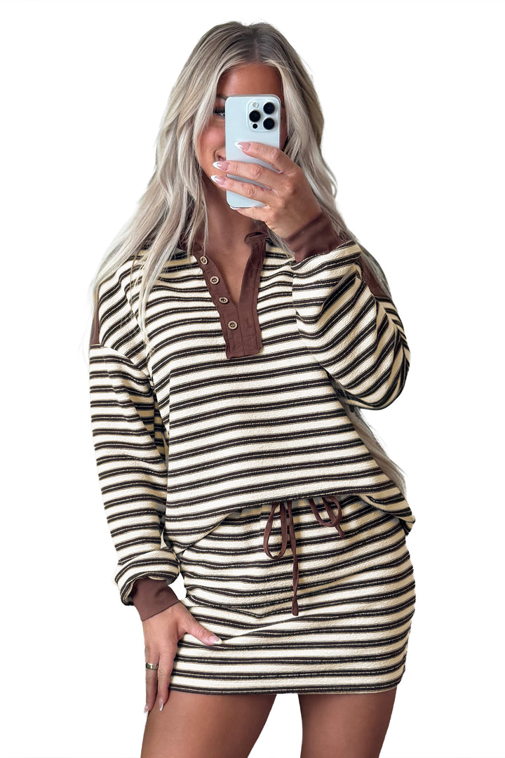 Brown Stripe Contrast Trim Button Neck Long Sleeve Top Drawstring Mini Skirt Set