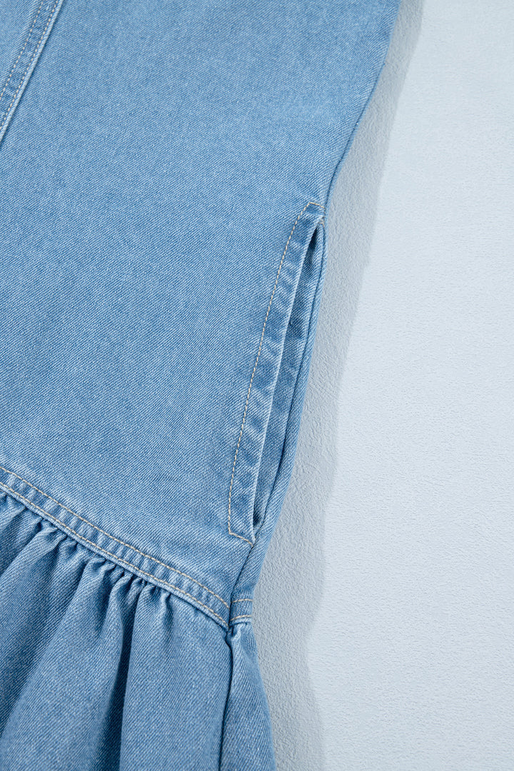 Beau Blue Button Down Short Puff Sleeve Ruffle Hem Patchwork Denim Dress