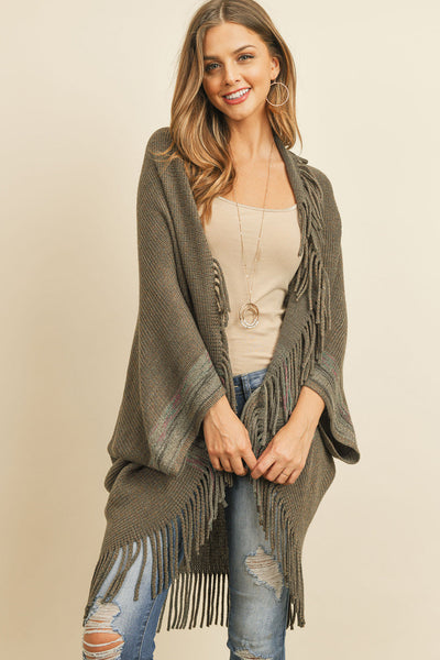 Fringe Stripe Open Front Kimono