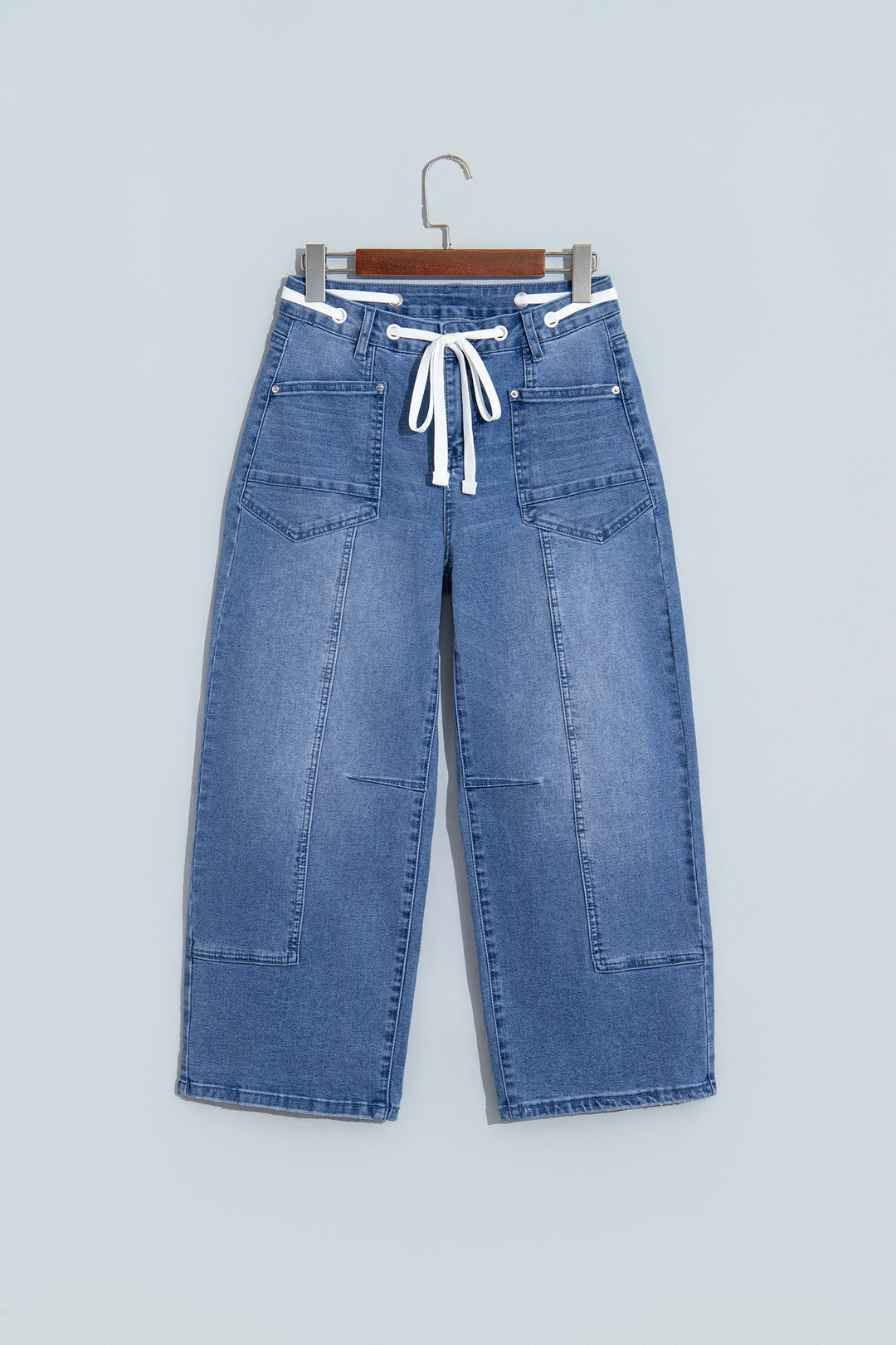 Beau Blue Solid Patchwork Grommet Tie Waist Loose Ankle-Length Jeans