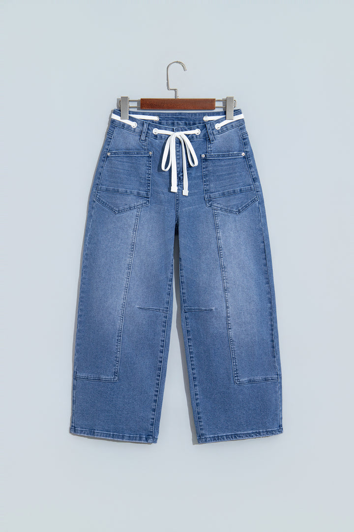 Beau Blue Solid Patchwork Grommet Tie Waist Loose Ankle-Length Jeans